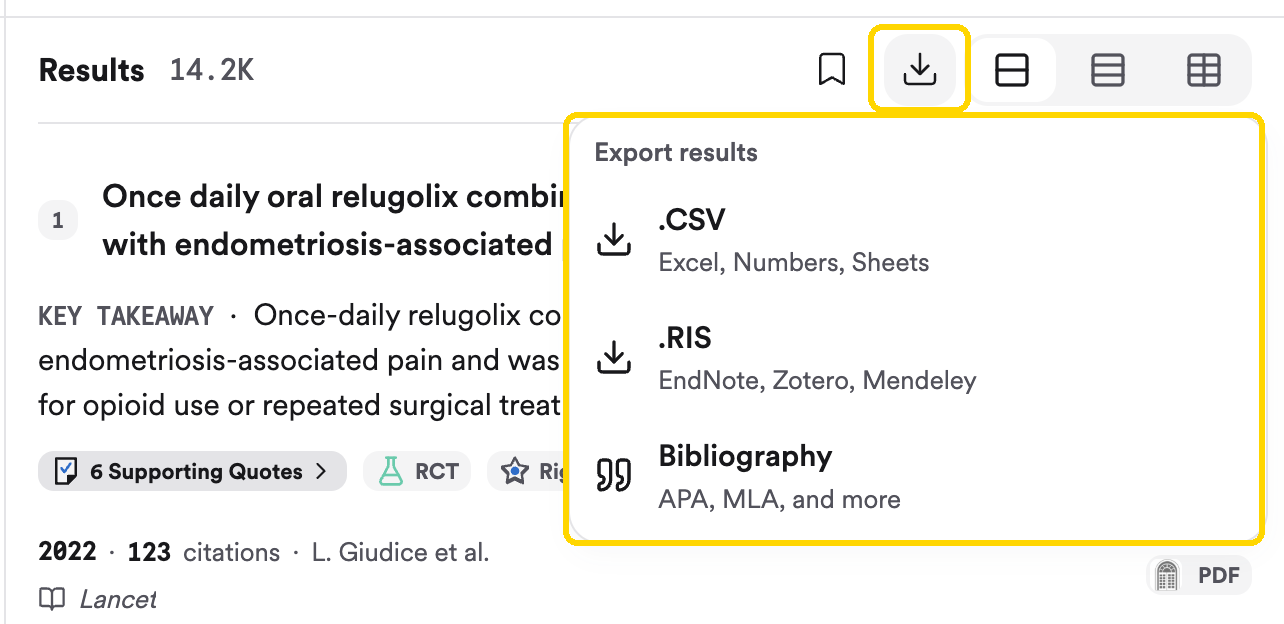 The export menu on the References panel with CSV, RIS, and Bibliography options