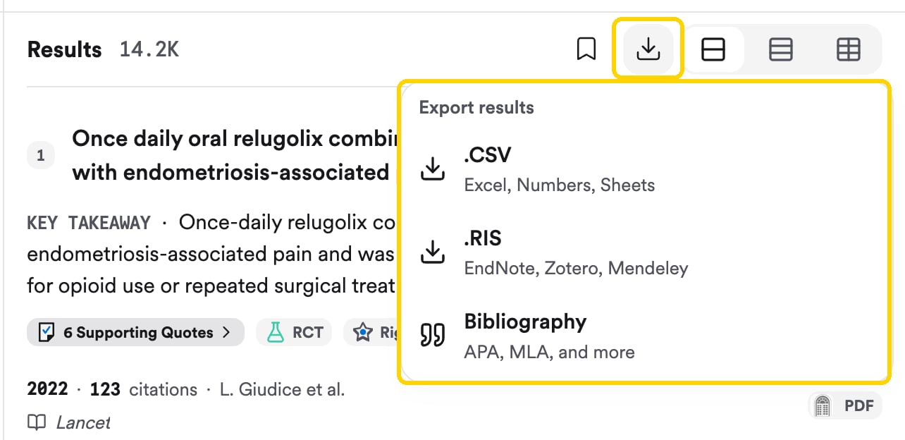 The export menu on the References panel with CSV, RIS, and Bibliography options