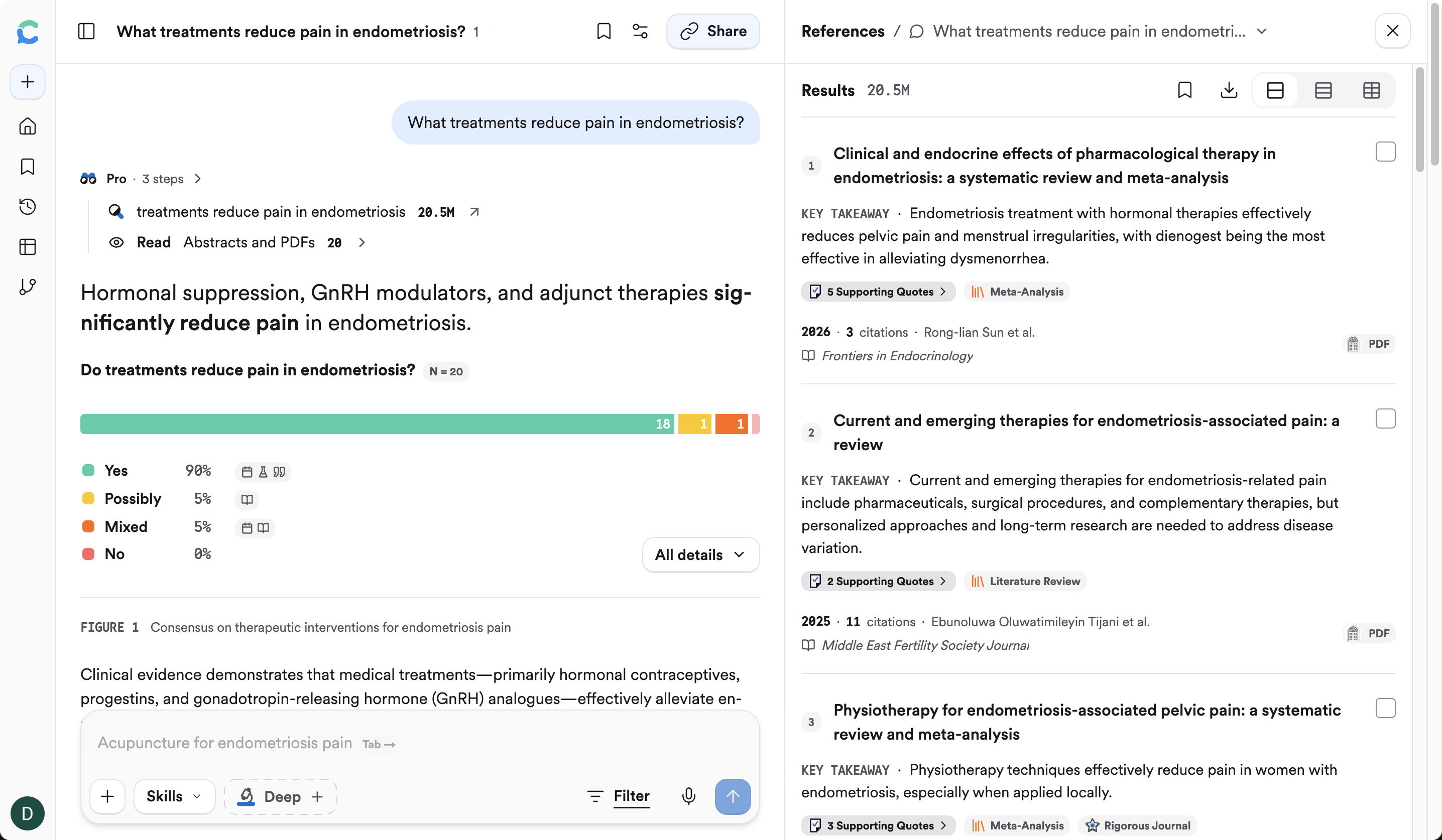 A Consensus search about endometriosis pain treatments, with the written answer on the left and a list of reference papers on the right