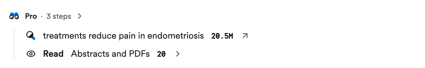 The steps at the top of a Consensus answer: Pro, 3 steps, a search for treatments reduce pain in endometriosis with 20.5M results, and Read abstracts and PDFs, 20