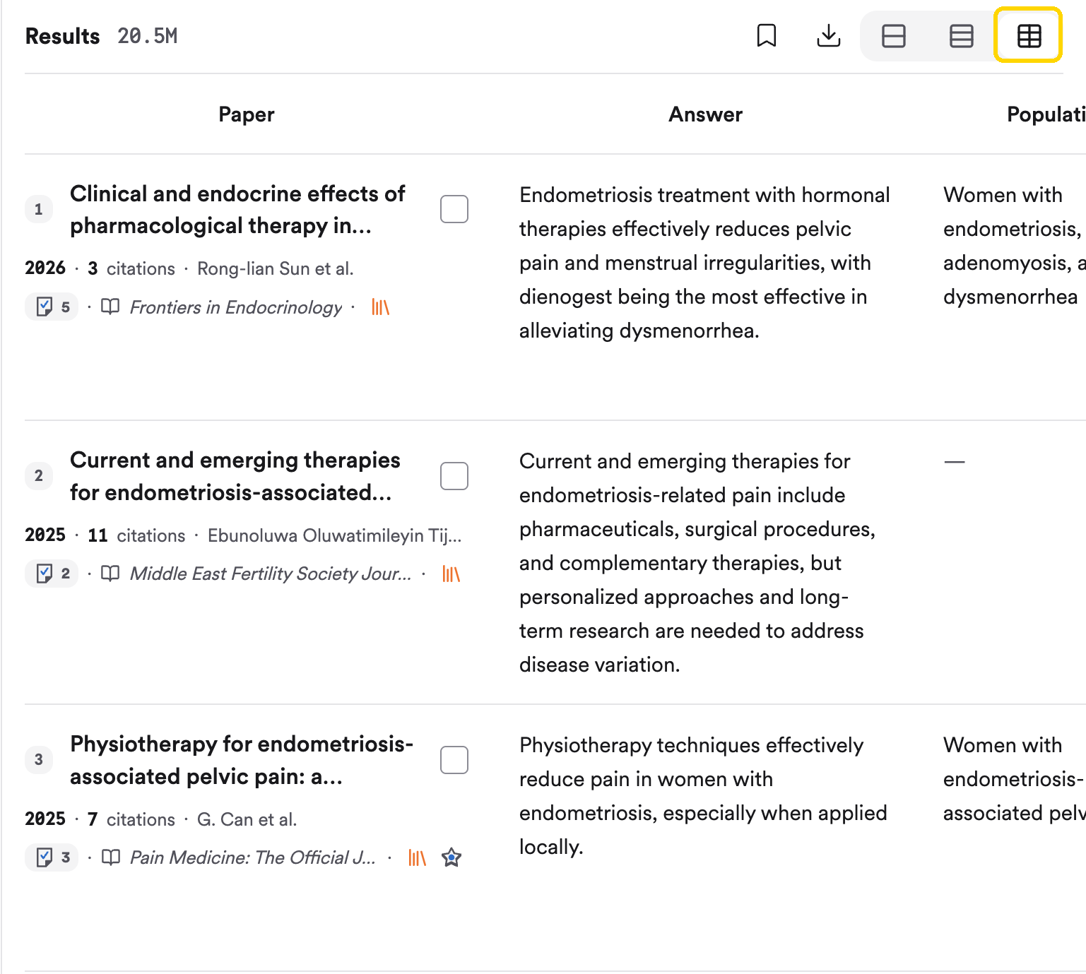 The References panel in table view with Paper, Answer, and Population columns, and the table view button highlighted