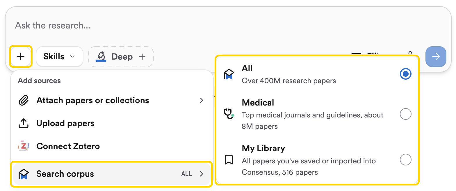 The + menu open on Search corpus, showing the All, Medical, and My Library options