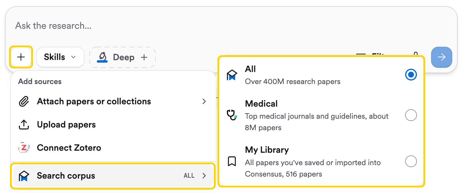 The + menu open on Search corpus, showing the All, Medical, and My Library options