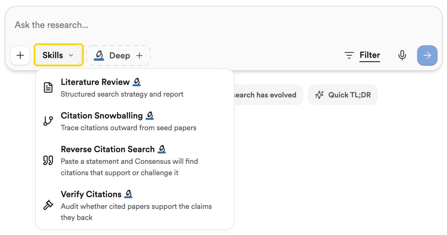 The Skills dropdown listing Literature Review, Citation Snowballing, Reverse Citation Search, and Verify Citations