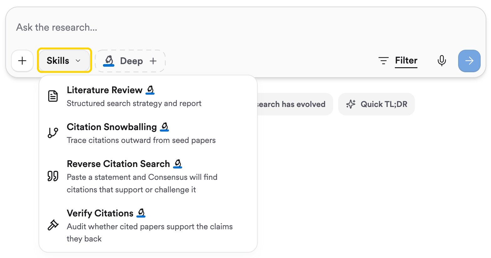 The Skills dropdown listing Literature Review, Citation Snowballing, Reverse Citation Search, and Verify Citations