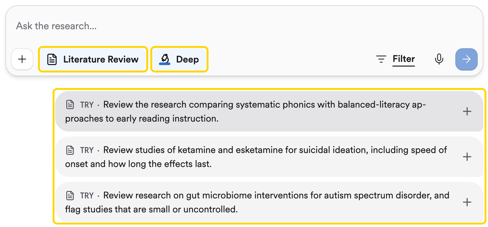 The search bar after picking Literature Review: the skill and Deep are both highlighted, with three TRY example prompts below