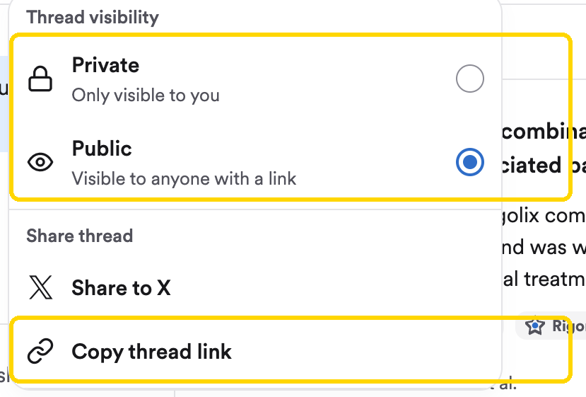 The Share menu with Private and Public visibility options and Copy thread link