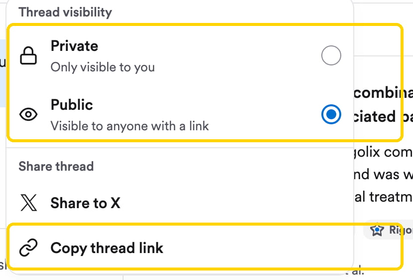 The Share menu with Private and Public visibility options and Copy thread link
