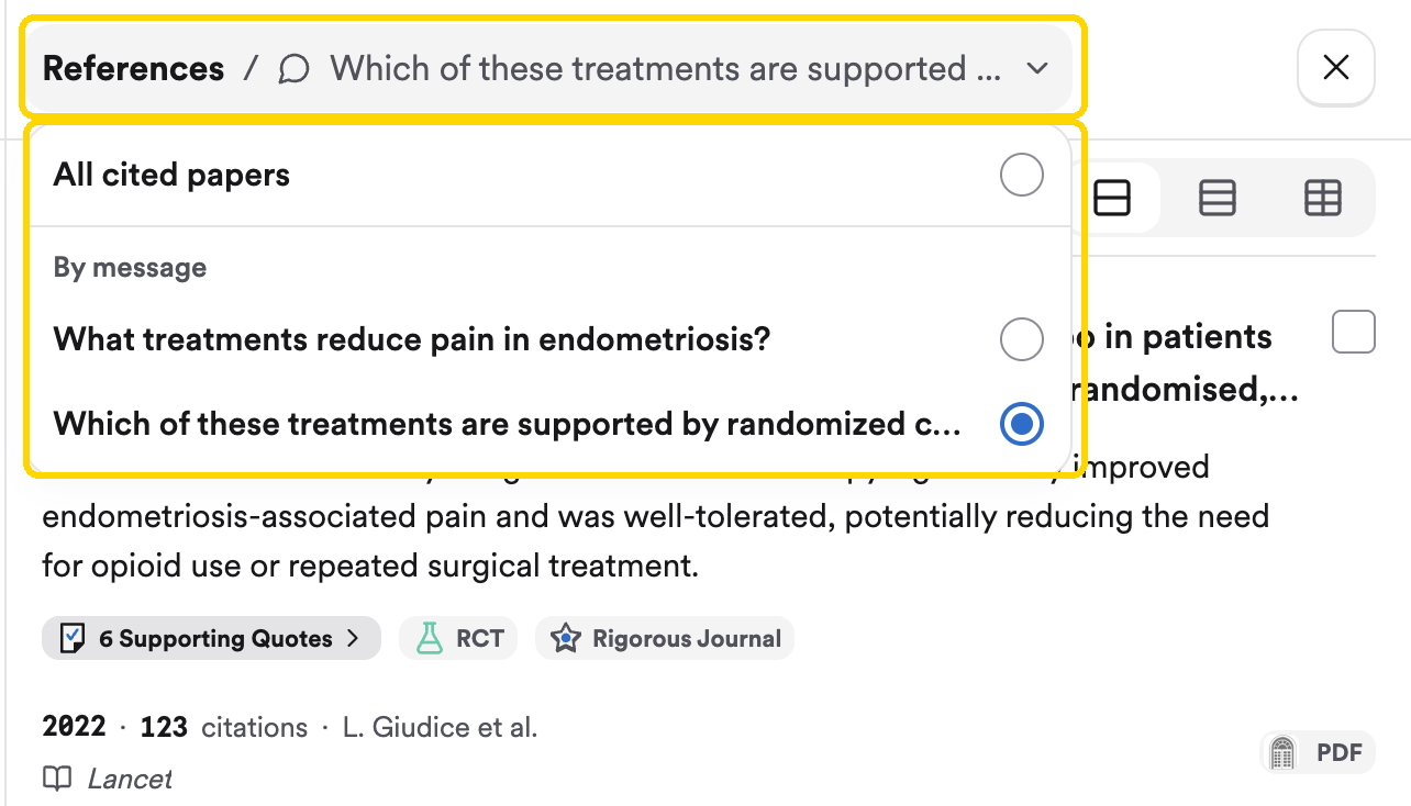 The References panel showing papers cited across a thread