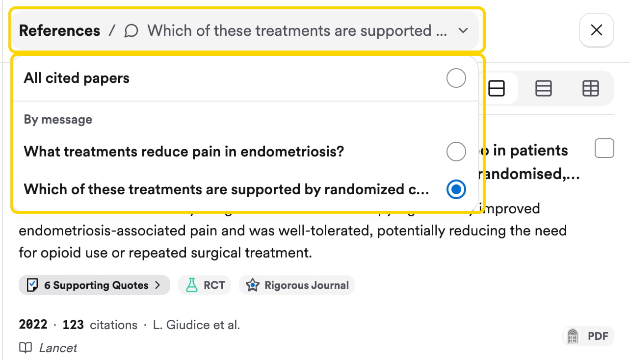 The References panel showing papers cited across a thread