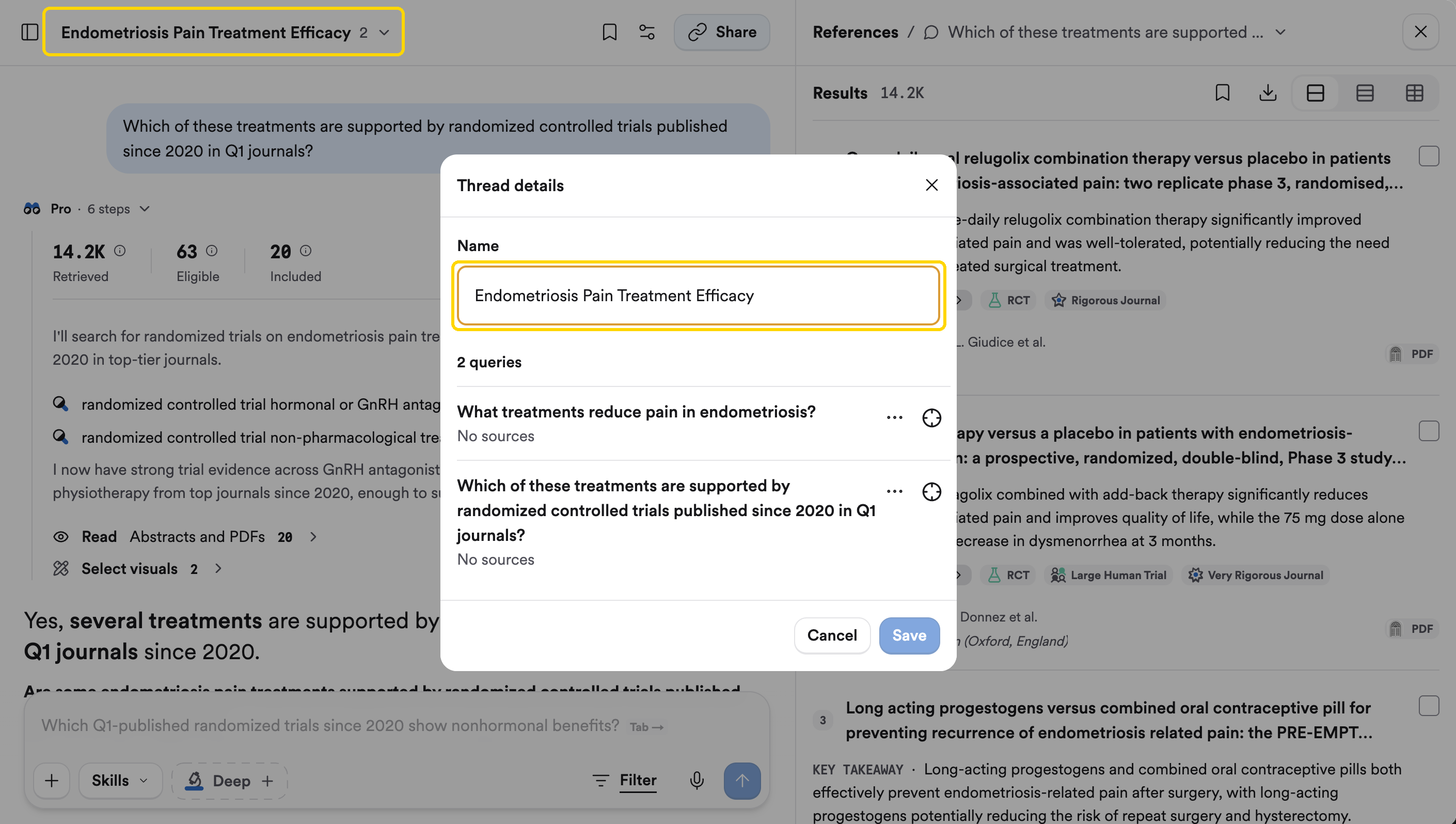 The Thread details dialog with the name field and query list