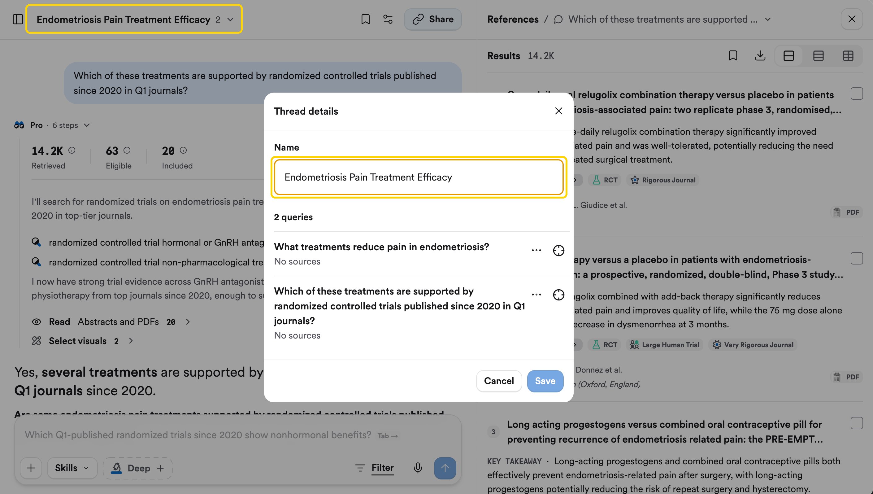 The Thread details dialog with the name field and query list