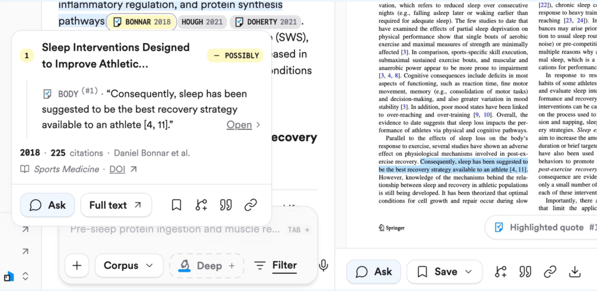 A Consensus answer with a citation card showing the quoted sentence from the paper, next to the paper's PDF with that sentence highlighted