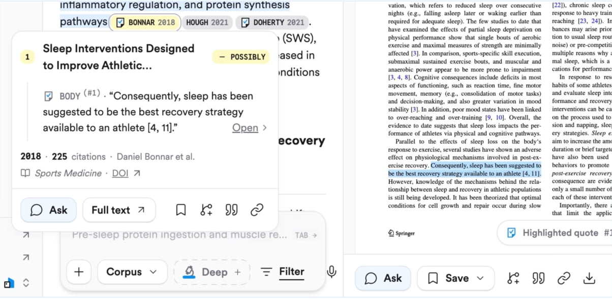 A Consensus answer with a citation card showing the quoted sentence from the paper, next to the paper's PDF with that sentence highlighted