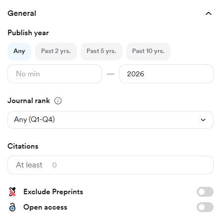 The General filter panel with publish year, journal rank, citations, exclude preprints, and open access