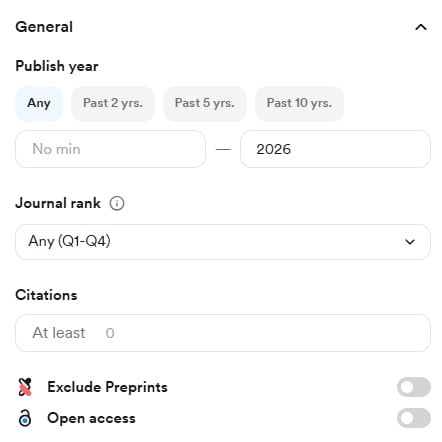 The General filter panel with the Exclude preprints and Open access toggles