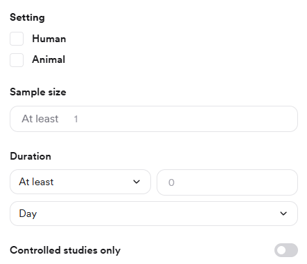 The study details filters: setting, sample size, duration, and controlled studies only
