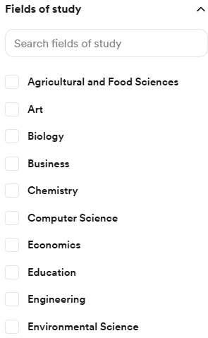 The Fields of study filter