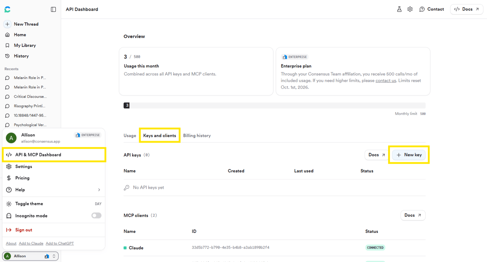 The API & MCP Dashboard with the profile menu, Keys and clients tab, and New key button highlighted