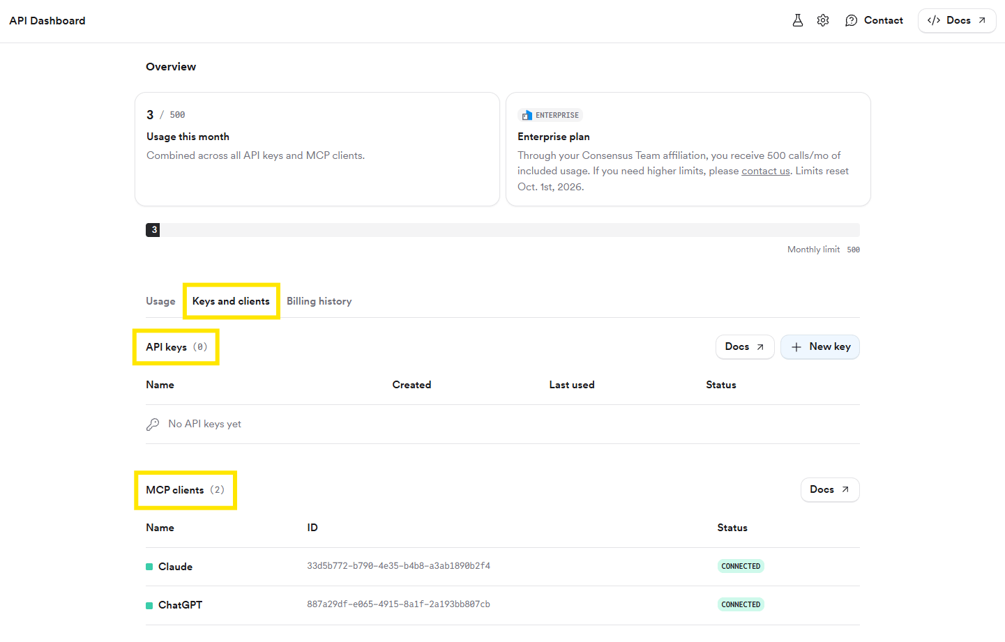 The API & MCP Dashboard's Keys and clients tab listing Claude and ChatGPT as connected MCP clients
