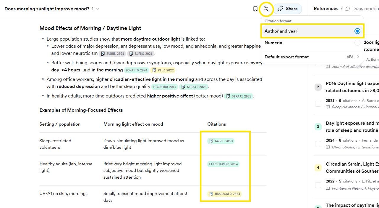 The thread settings menu with Author and year, Numeric, and Default export format options