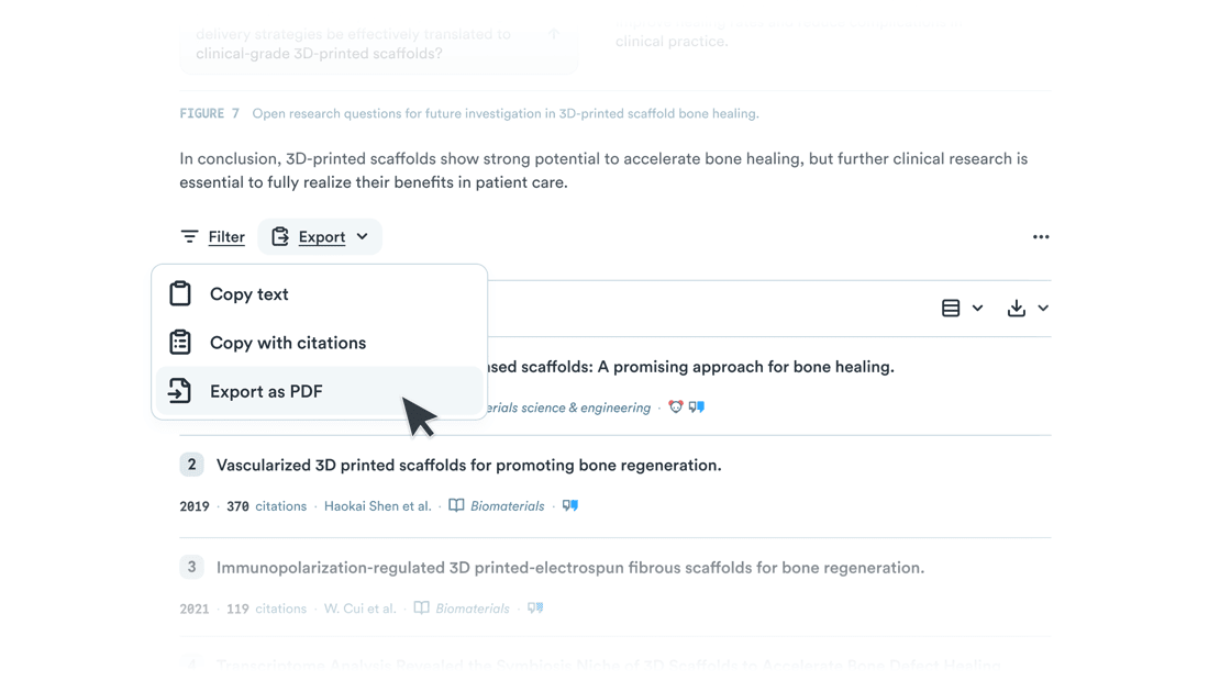 The Export menu with Copy text, Copy with citations, and Export as PDF