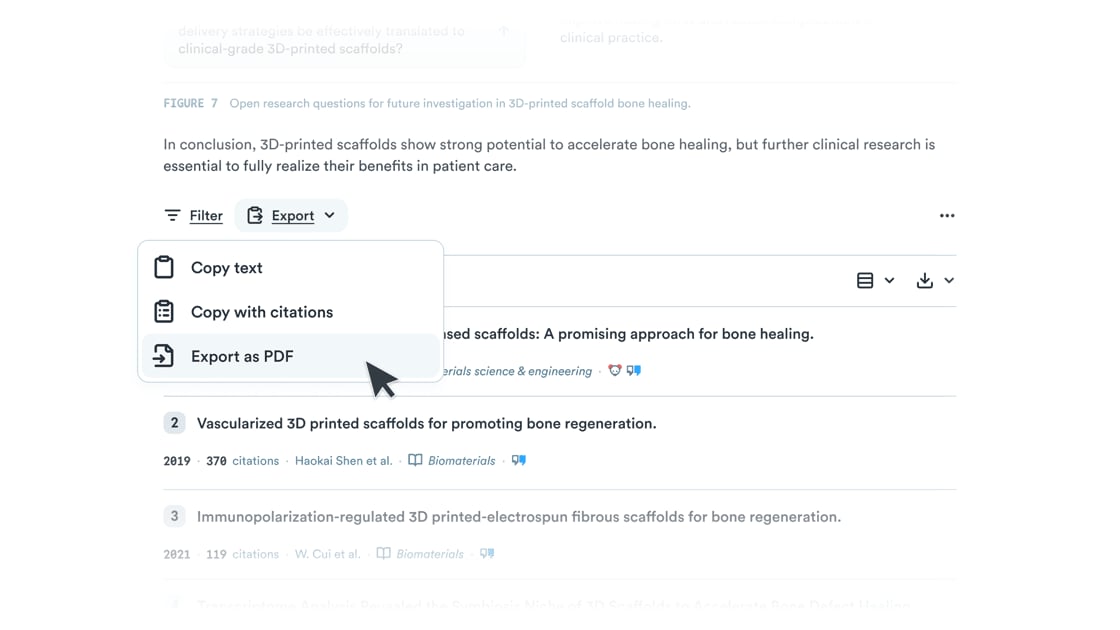 The Export menu with Copy text, Copy with citations, and Export as PDF