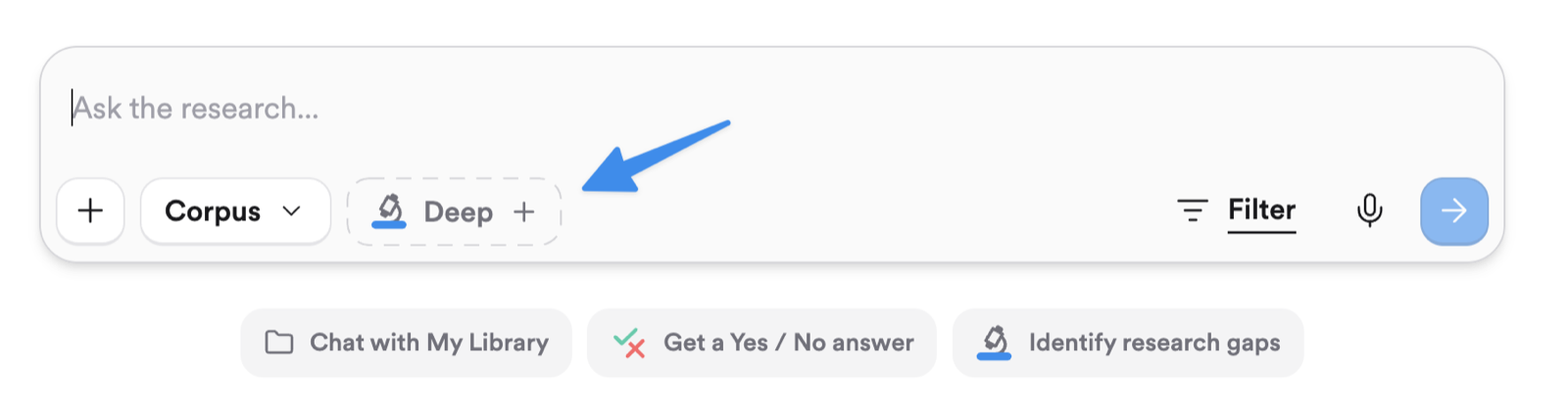 The Consensus search bar with an arrow pointing to the Deep button