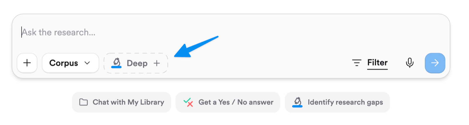The Consensus search bar with an arrow pointing to the Deep button