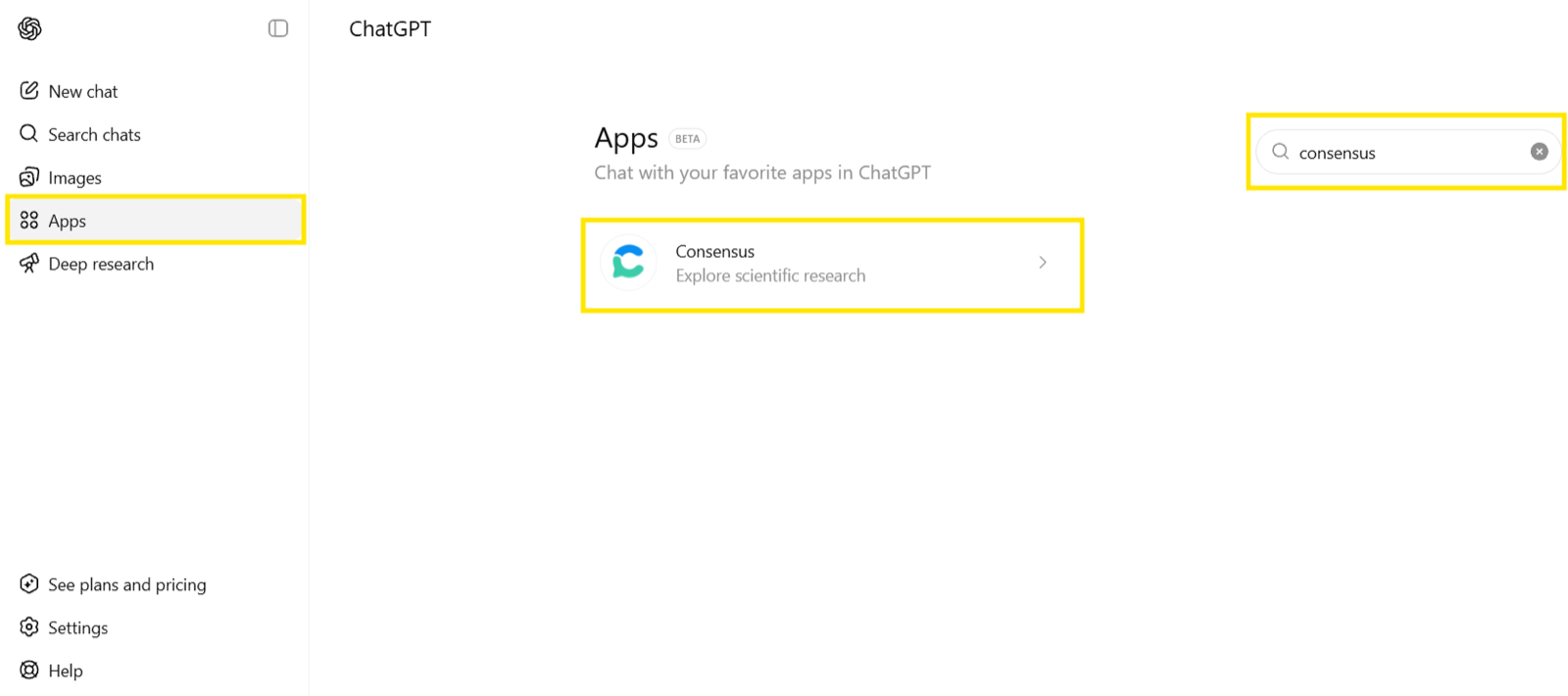 The ChatGPT Apps page with Consensus found by search