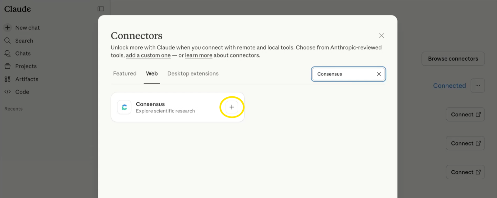 The Claude Connectors dialog with Consensus found by search and the add button highlighted