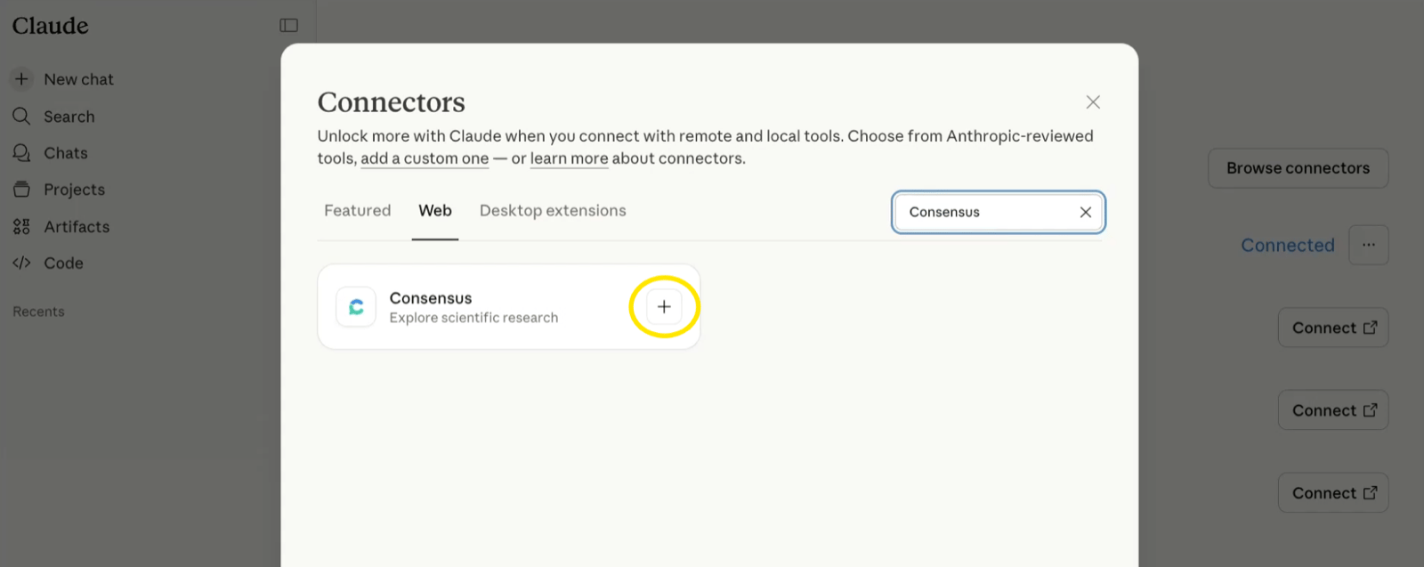 The Claude Connectors dialog with Consensus found by search and the add button highlighted