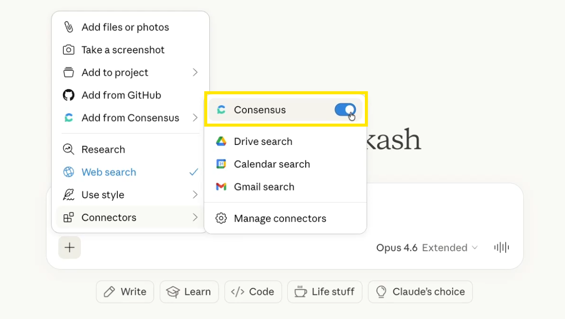 The Claude chat + menu with the Consensus connector toggled on