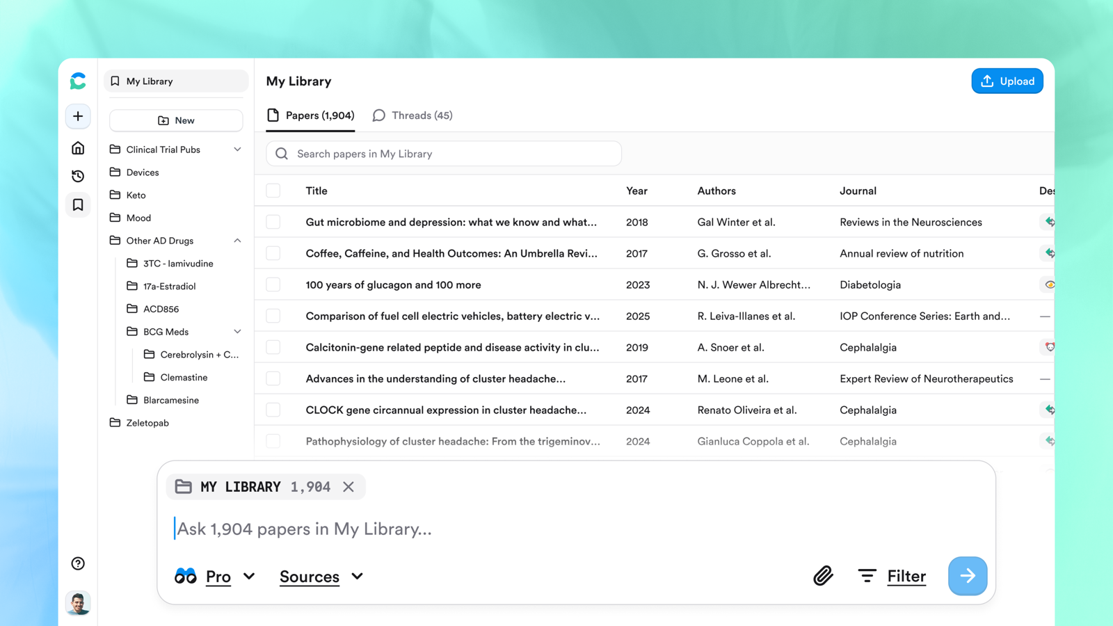 My Library showing saved papers in a table and the Ask papers in My Library search bar