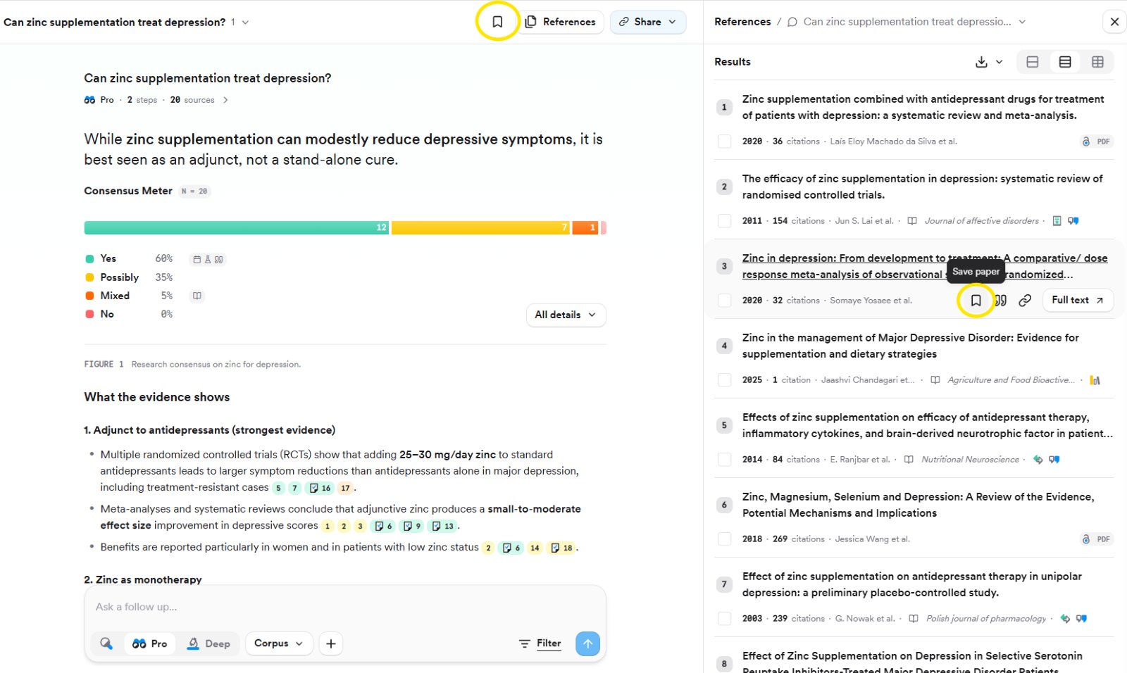 A search result with the save-paper bookmark highlighted and the Collection picker open