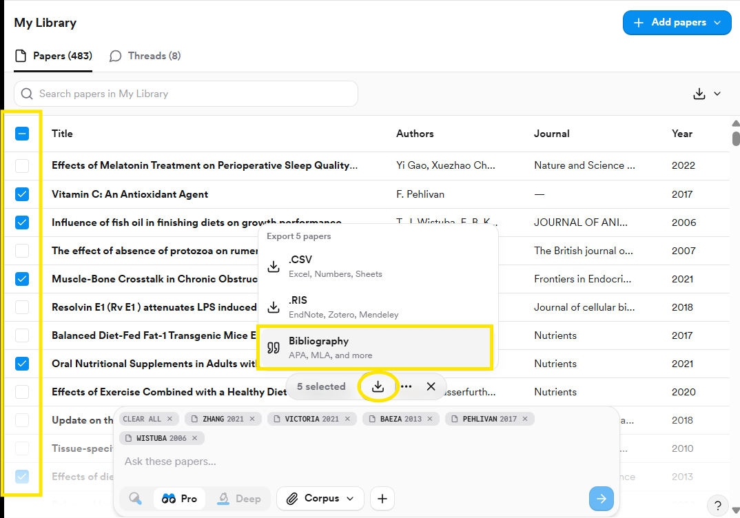 Several papers selected in My Library with the export menu showing CSV, RIS, and Bibliography