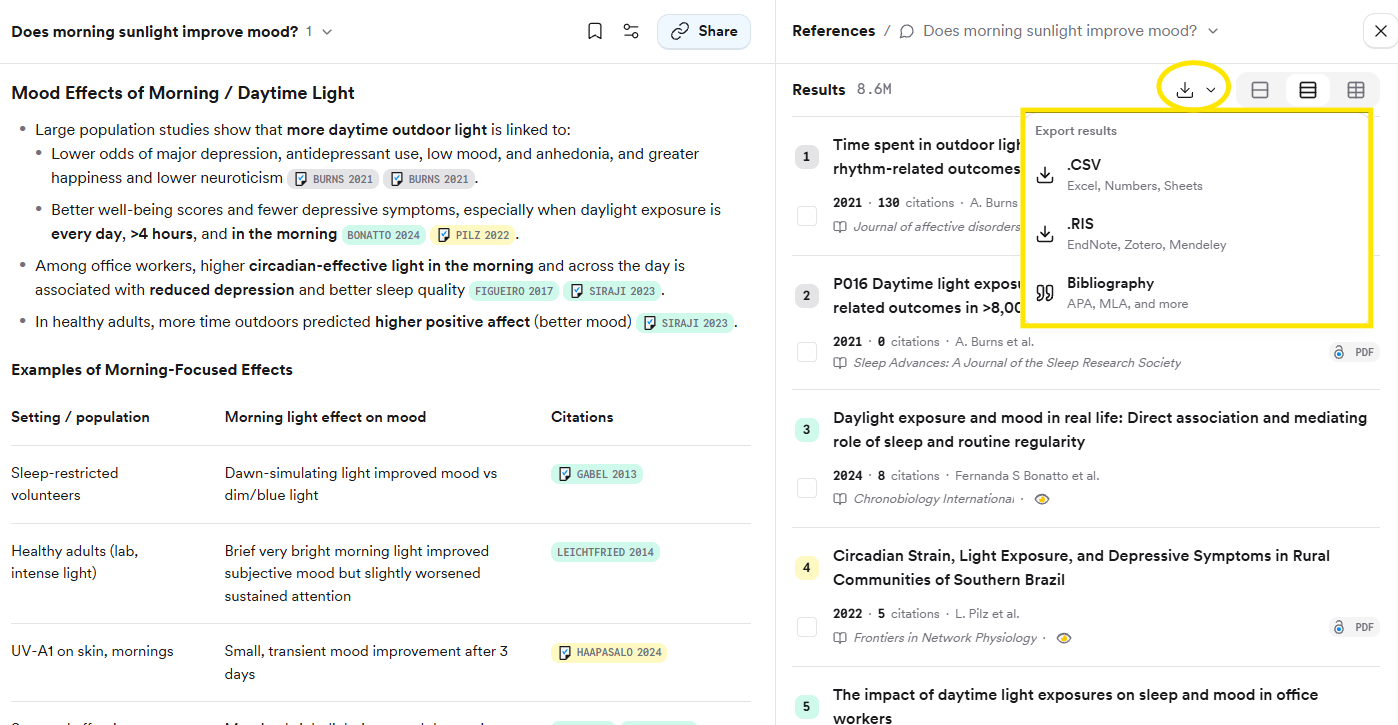 The export menu on the References panel with CSV, RIS, and Bibliography options