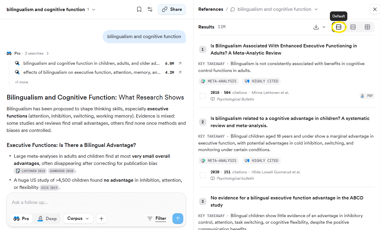 Search results in default view with key takeaways and study-type badges