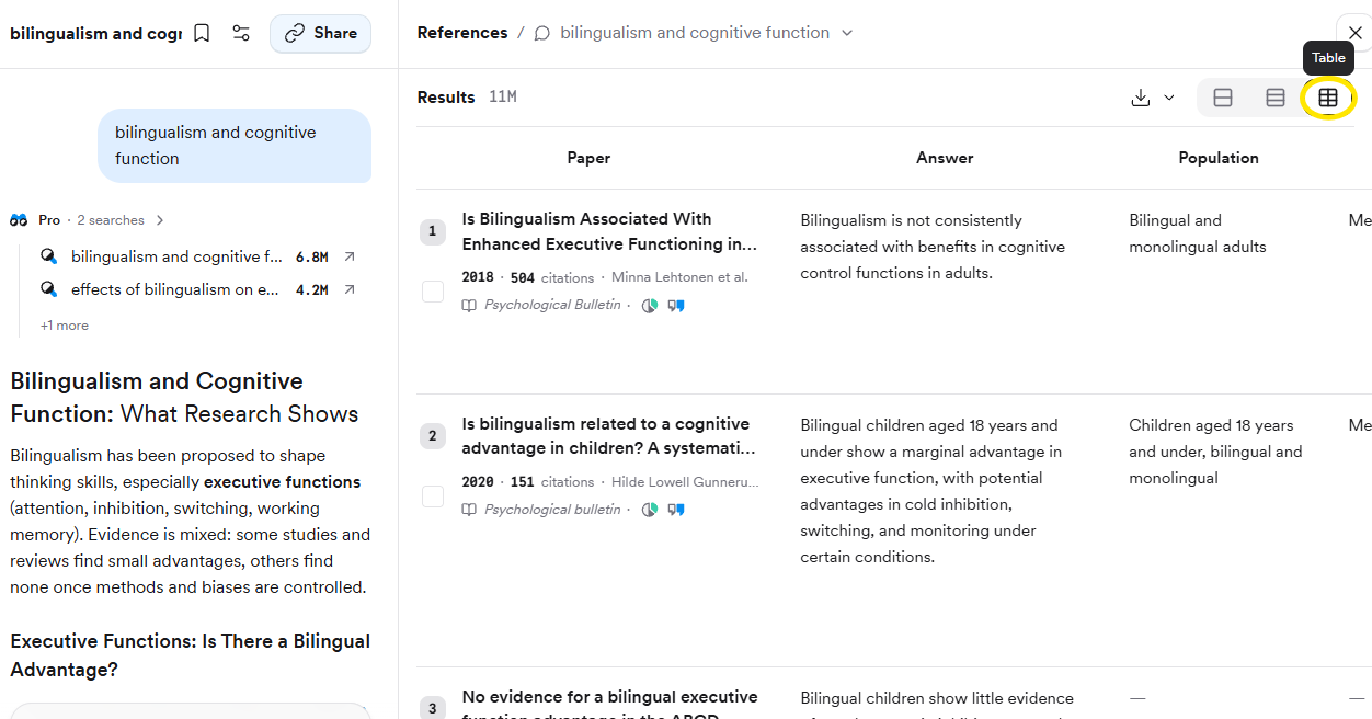 Search results in table view with Paper, Answer, and Population columns