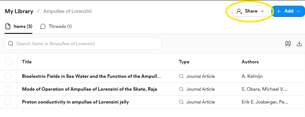 A Collection in My Library with the Share button highlighted