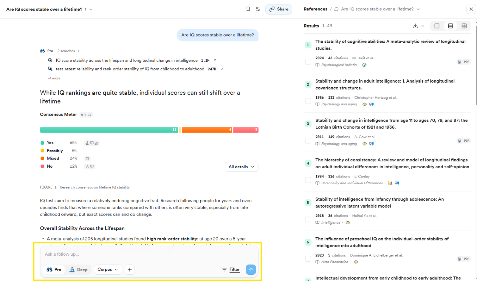 The Ask a follow up box at the bottom of a Pro answer