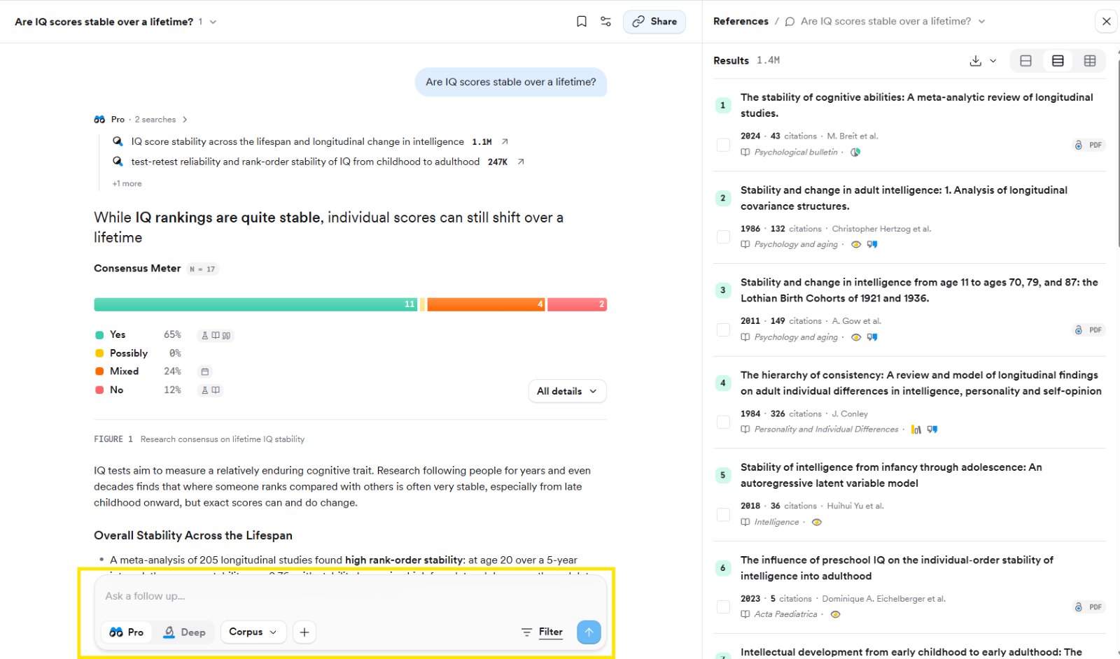 The Ask a follow up box beneath a Pro answer