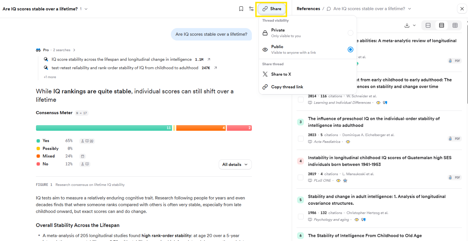 The Share menu with Private and Public visibility options and Copy thread link