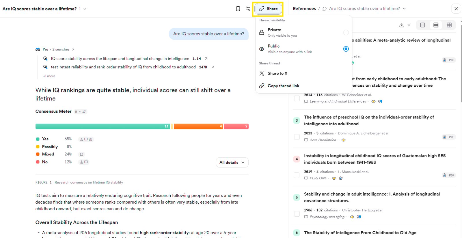 The Share menu with Private and Public visibility options and Copy thread link