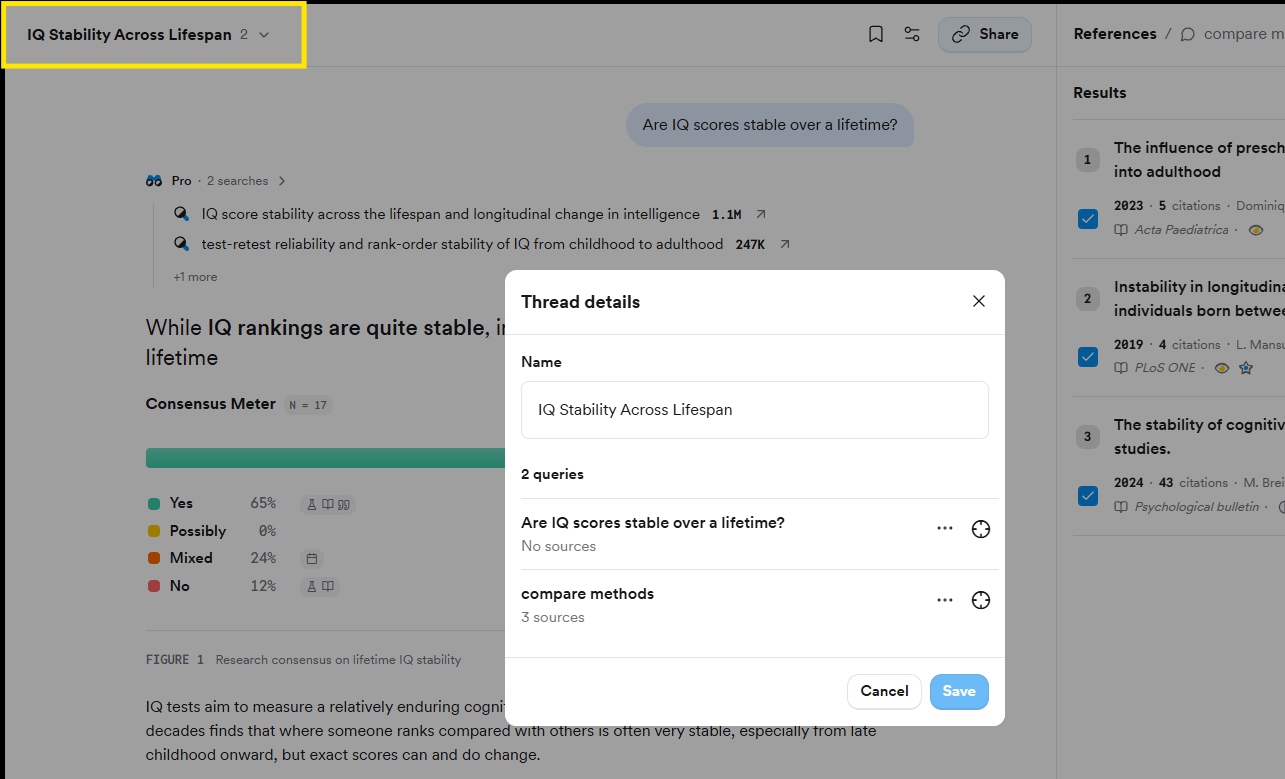 The Thread details dialog with the name field and query list