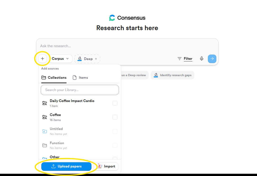 The + menu in the search bar with the Upload papers button highlighted