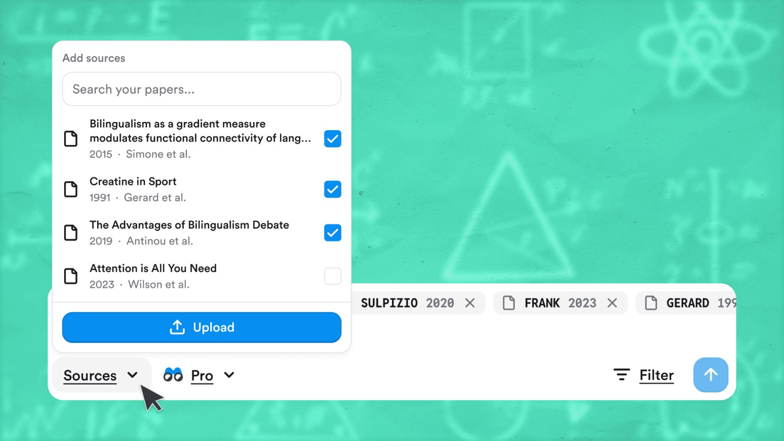 The Add sources panel with several documents checked