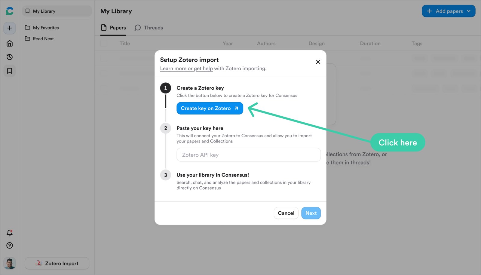 The Setup Zotero import dialog in Consensus