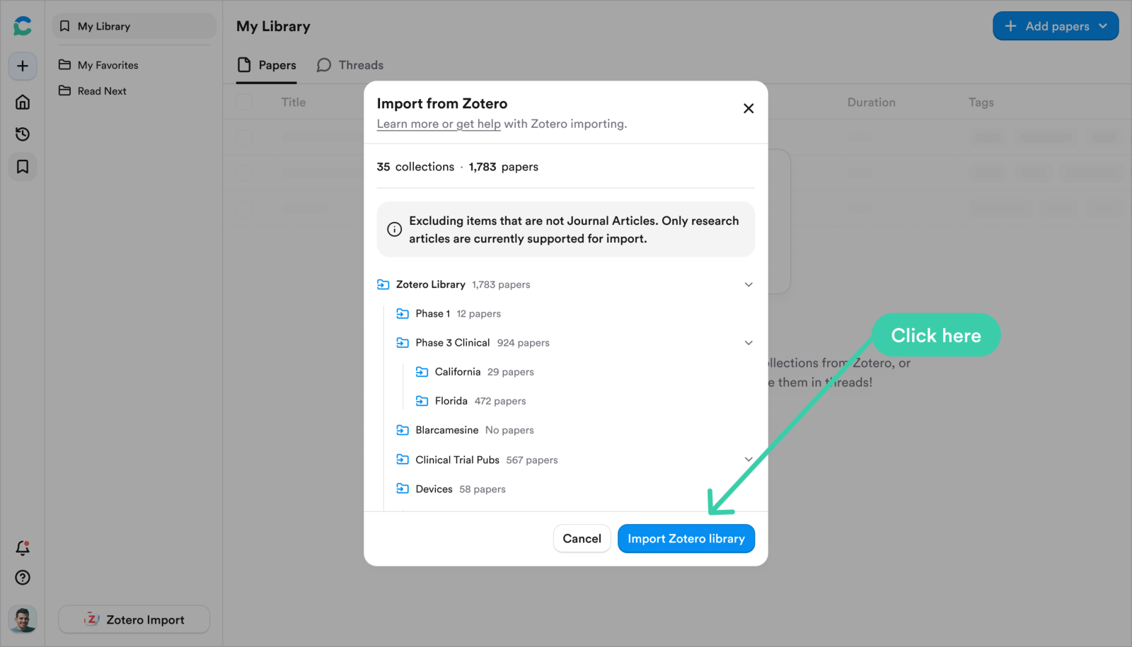 The Import from Zotero dialog listing collections and paper counts