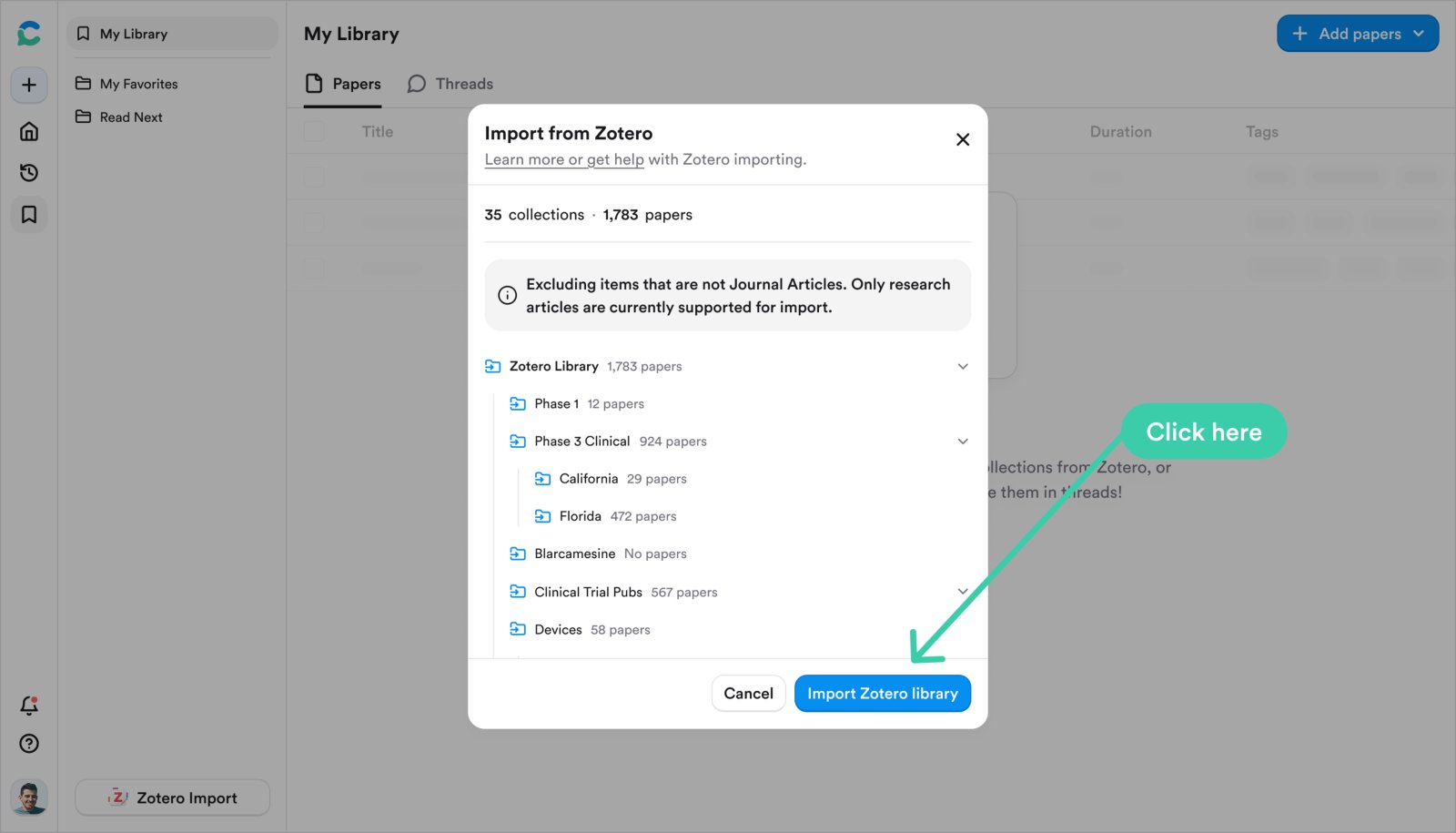 The Import from Zotero dialog listing collections and paper counts